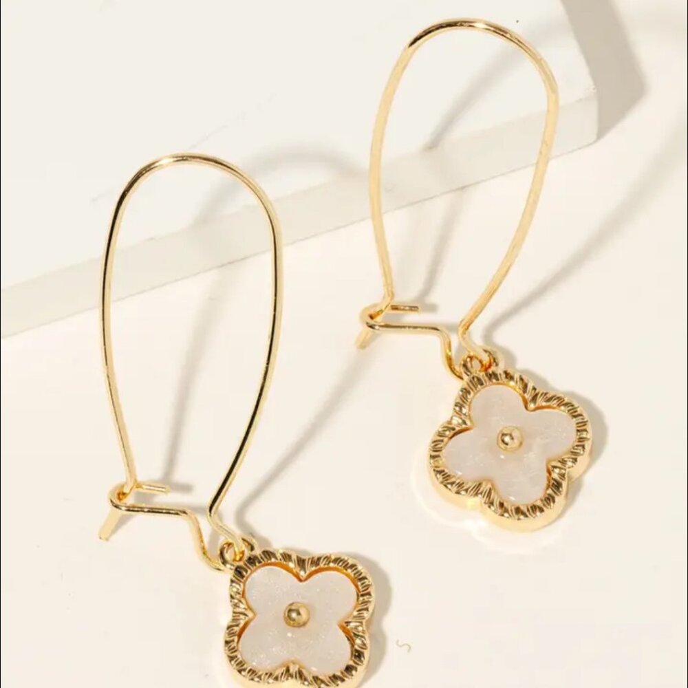White Gold Clover Charm Hoop Earrings
